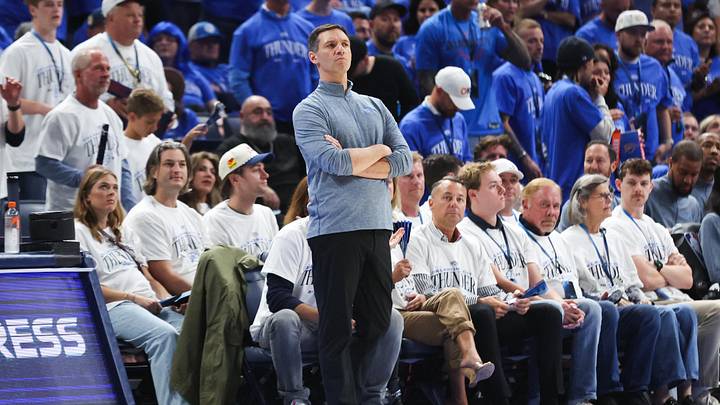 May 20, 2026; Oklahoma City, Oklahoma, USA; Oklahoma City Thunder head coach Mark Daigneault looks on during the third quarter against the San Antonio Spurs during game two of the western conference finals for the 2026 NBA playoffs at Paycom Center. Mandatory Credit: Brett Rojo-Imagn Images