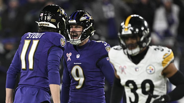 Baltimore Ravens place kicker Justin Tucker celebrates with punter Jordan Stout after kicking a field goal. Mandatory Credit: Tommy Gilligan-Imagn Images