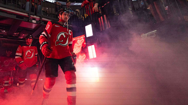 Apr 9, 2026; Newark, New Jersey, USA; New Jersey Devils center Nico Hischier (13) makes his entrance to the ice after the first period against the Pittsburgh Penguins at Prudential Center. Mandatory Credit: Luther Schlaifer-Imagn Images