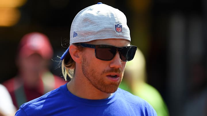 Aug 28, 2021; Orchard Park, New York, USA; Buffalo Bills wide receivers coach Chad Hall walks to the field prior to the game against the Green Bay Packers at Highmark Stadium.