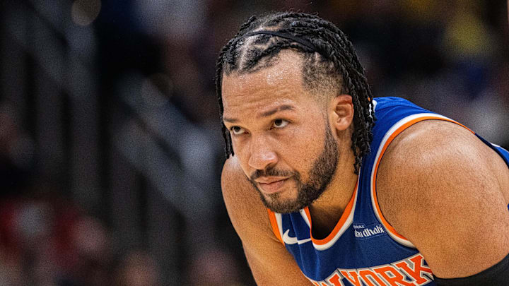 Nov 10, 2024; Indianapolis, Indiana, USA;  New York Knicks guard Jalen Brunson (11) in the second half against the Indiana Pacers at Gainbridge Fieldhouse. 