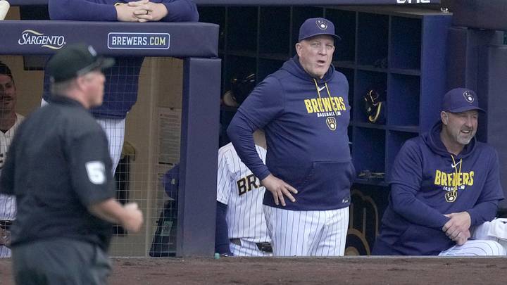 Milwaukee Brewers manager Pat Murphy, center, is shown during the second inning of their game against the Los Angeles Dodgers Sunday, May 24, 2026 at American Family Field in Milwaukee, Wisconsin.