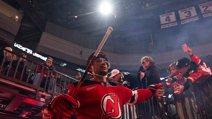 Apr 9, 2026; Newark, New Jersey, USA; New Jersey Devils defenseman Johnathan Kovacevic (8) makes his entrance to the ice after the first period against the Pittsburgh Penguins at Prudential Center. Mandatory Credit: Luther Schlaifer-Imagn Images