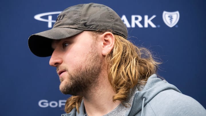 Tyler Warren talks to members of the media during Penn State's Pro Day in Holuba Hall on March 28, 2025, in State College.