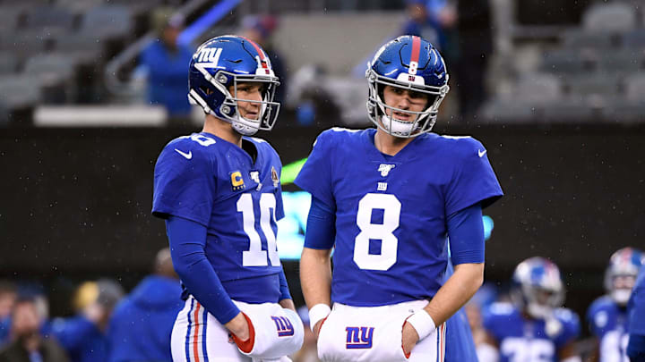 New York Giants quarterbacks Eli Manning (10) and Daniel Jones (8) on the field for pregame warmups on Sunday, Dec. 29, 2019, in East Rutherford. New York Giants quarterbacks Eli Manning (10) and Daniel Jones (8) on the field for pregame warmups on Sunday, Dec. 29, 2019, in East Rutherford.