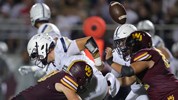 Walsh Jesuit linebacker Declan Norton pops the ball from the hands of Hoban quarterback Ethan Roksandich during the second half, Friday, Oct. 4, 2024.