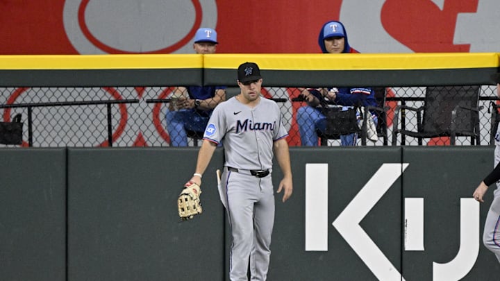 Miami Marlins center fielder Jakob Marsee on defense 