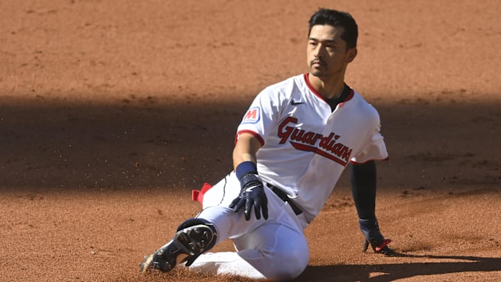 Jun 28, 2025; Cleveland, Ohio, USA; Cleveland Guardians left fielder Steven Kwan (38) slides to third base in the fourth inning against the St. Louis Cardinals at Progressive Field. Mandatory Credit: David Richard-Imagn Images