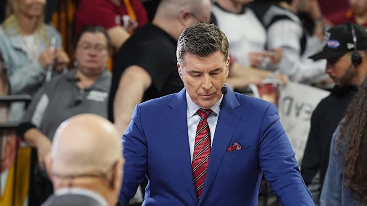 The ESPN College GameDay crew Rece Davis talks during live broadcast ahead of the game between the Iowa State Cyclone and TCU Horned Frogs at Hilton Coliseum on Feb. 8, 2025 in Ames, Iowa