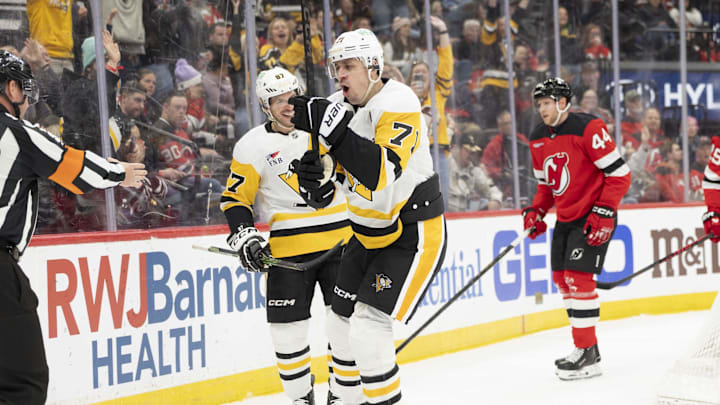 Apr 9, 2026; Newark, New Jersey, USA; Pittsburgh Penguins center Evgeni Malkin (71) celebrates goal against the New Jersey Devils during the third period at Prudential Center. Mandatory Credit: Luther Schlaifer-Imagn Images
