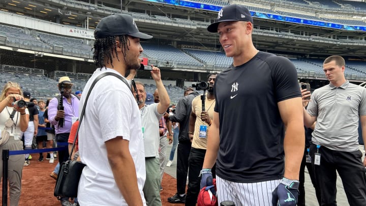 Jul 24, 2024; Bronx, New York, USA; New York Yankees center fielder Aaron Judge (99) talks to New York Knicks guard Jalen Brunson before a game against the New York Mets at Yankee Stadium. Mandatory Credit: Brad Penner-USA TODAY Sports Jul 24, 2024; Bronx, New York, USA; New York Yankees center fielder Aaron Judge (99) talks to New York Knicks guard Jalen Brunson before a game against the New York Mets at Yankee Stadium. Mandatory Credit: Brad Penner-USA TODAY Sports