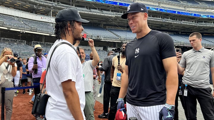 Jul 24, 2024; Bronx, New York, USA; New York Yankees center fielder Aaron Judge (99) talks to New York Knicks guard Jalen Brunson before a game against the New York Mets at Yankee Stadium. Mandatory Credit: Brad Penner-Imagn Images Jul 24, 2024; Bronx, New York, USA; New York Yankees center fielder Aaron Judge (99) talks to New York Knicks guard Jalen Brunson before a game against the New York Mets at Yankee Stadium. Mandatory Credit: Brad Penner-Imagn Images