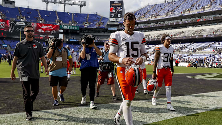 Sep 14, 2025; Baltimore, Maryland, USA; Cleveland Browns quarterback Joe Flacco (15) walks off the field after the game against Baltimore Ravens at M&T Bank Stadium. Mandatory Credit: Peter Casey-Imagn Images