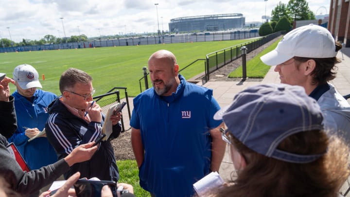 Offensive Line Coach Carmen Bricillo, of the NY Giants NFL team at an organized team activity at their training facility in East Rutherford, NJ on Thursday May 30, 2024. Offensive Line Coach Carmen Bricillo, of the NY Giants NFL team at an organized team activity at their training facility in East Rutherford, NJ on Thursday May 30, 2024.