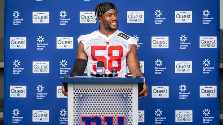 Bobby Okereke, inside linebacker with the NY Giants, speaks to the press after a practice at Quest Diagnostics Training Center, East Rutherford, NJ, May 28, 2025.