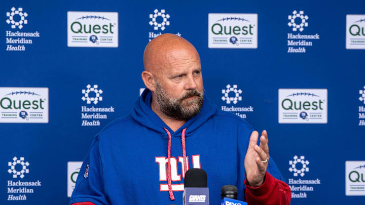 Brian Daboll, head coach of the NY Giants, addresses the press at Quest Diagnostics Training Center, East Rutherford, NJ, May 28, 2025. Brian Daboll, head coach of the NY Giants, addresses the press at Quest Diagnostics Training Center, East Rutherford, NJ, May 28, 2025.