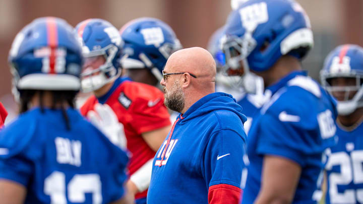 Brian Daboll, head coach of the NY Giants, is shown during a practice at Quest Diagnostics Training Center, East Rutherford, NJ, May 28, 2025. Brian Daboll, head coach of the NY Giants, is shown during a practice at Quest Diagnostics Training Center, East Rutherford, NJ, May 28, 2025.