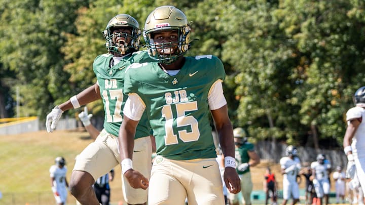 Paramus Catholic football at St. Joseph Regional, Saturday, Sept. 21, 2024, Montvale, New Jersey. From left, St. Joseph's #17 Tahj Gray celebrates as #15 Lamar Best scores a touchdown in the first quarter. Paramus Catholic football at St. Joseph Regional, Saturday, Sept. 21, 2024, Montvale, New Jersey. From left, St. Joseph's #17 Tahj Gray celebrates as #15 Lamar Best scores a touchdown in the first quarter.