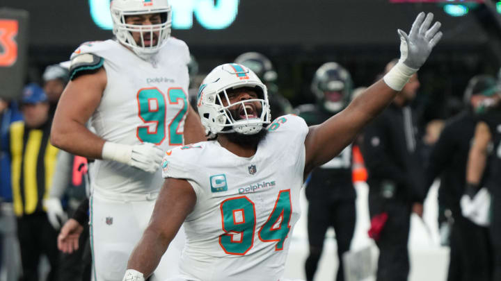 East Rutherford, NJ November 24, 2023 -- Christian Wilkins of Miami after sacking Jets East Rutherford, NJ November 24, 2023 -- Christian Wilkins of Miami after sacking Jets