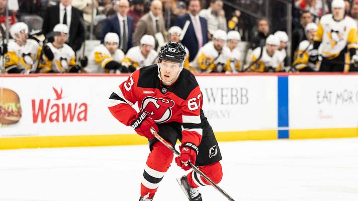 Apr 9, 2026; Newark, New Jersey, USA; New Jersey Devils left wing Jesper Bratt (63) skates with the puck against the Pittsburgh Penguins during the second period at Prudential Center. Mandatory Credit: Luther Schlaifer-Imagn Images Apr 9, 2026; Newark, New Jersey, USA; New Jersey Devils left wing Jesper Bratt (63) skates with the puck against the Pittsburgh Penguins during the second period at Prudential Center. Mandatory Credit: Luther Schlaifer-Imagn Images