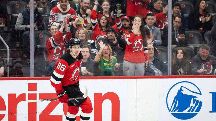 Apr 9, 2026; Newark, New Jersey, USA; New Jersey Devils center Jack Hughes (86) after his goal during the third period against the Pittsburgh Penguins at Prudential Center. Mandatory Credit: Luther Schlaifer-Imagn Images Apr 9, 2026; Newark, New Jersey, USA; New Jersey Devils center Jack Hughes (86) after his goal during the third period against the Pittsburgh Penguins at Prudential Center. Mandatory Credit: Luther Schlaifer-Imagn Images