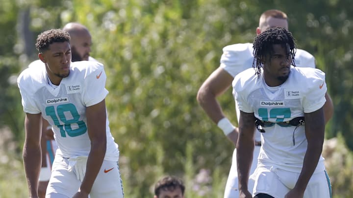 Miami Dolphins wide receiver Nick Westbrook-Ikhine (18) and wide receiver Jaylen Waddle (17) stand on the field during joint training camp practice with the Chicago Bears this summer.