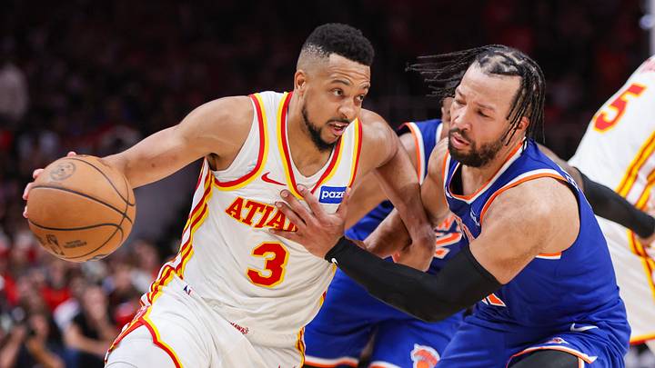 Apr 23, 2026; Atlanta, Georgia, USA; Atlanta Hawks guard CJ McCollum (3) drives on New York Knicks guard Jalen Brunson (11) in the fourth quarter during game three of the first round of the 2026 NBA Playoffs at State Farm Arena. Mandatory Credit: Brett Davis-Imagn Images Apr 23, 2026; Atlanta, Georgia, USA; Atlanta Hawks guard CJ McCollum (3) drives on New York Knicks guard Jalen Brunson (11) in the fourth quarter during game three of the first round of the 2026 NBA Playoffs at State Farm Arena. Mandatory Credit: Brett Davis-Imagn Images