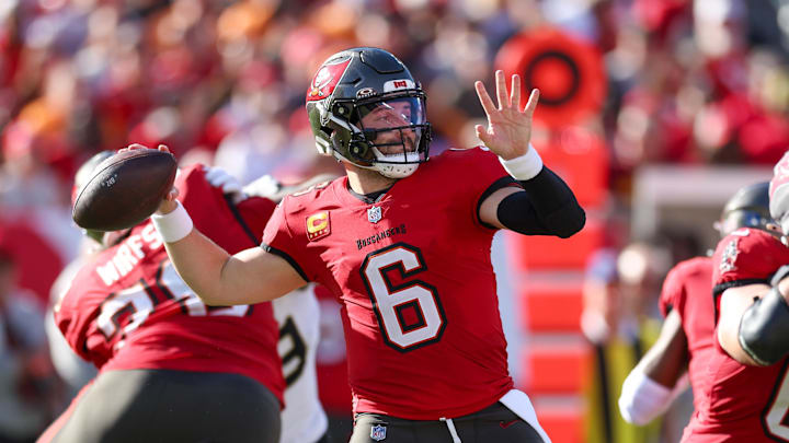 Jan 5, 2025; Tampa, Florida, USA; Tampa Bay Buccaneers quarterback Baker Mayfield (6) drops back to pass against the New Orleans Saints in the third quarter  at Raymond James Stadium. Mandatory Credit: Nathan Ray Seebeck-Imagn Images