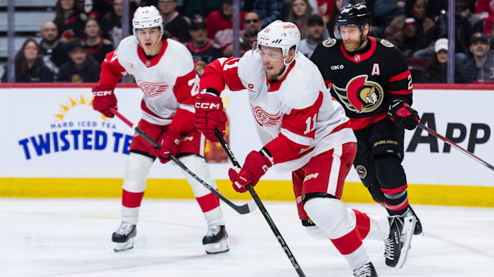 Mar 10, 2025; Ottawa, Ontario, CAN; Detroit Red Wings right wing Vladimir Tarasenko (11) skates with the puck in the first period agsainst the Senators at the Canadian Tire Centre. Mandatory Credit: Marc DesRosiers-Imagn Images