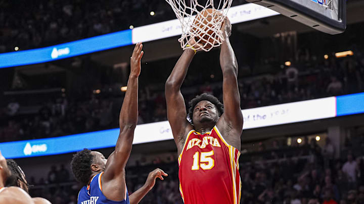 Nov 6, 2024; Atlanta, Georgia, USA; Atlanta Hawks center Clint Capela (15) dunks against the New York Knicks during the second half at State Farm Arena. Mandatory Credit: Dale Zanine-Imagn Images