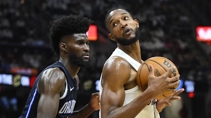Apr 20, 2024; Cleveland, Ohio, USA; Orlando Magic forward Jonathan Isaac (1) defends Cleveland