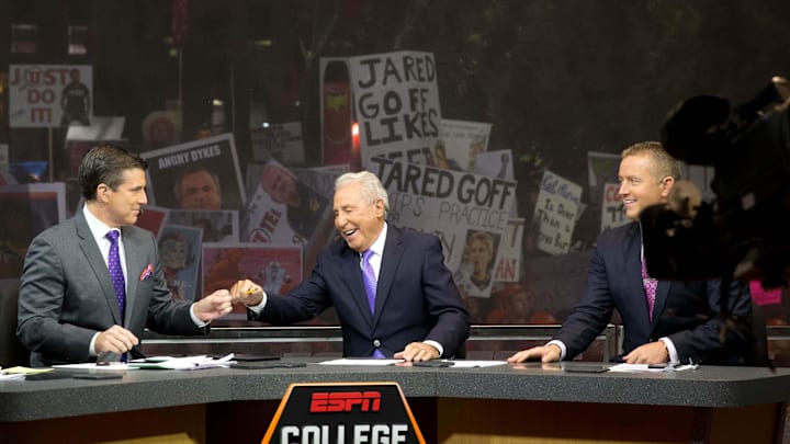 ESPN ‘College GameDay’ hosts Rece Davis and Lee Corso at the University of Utah in 2015.
