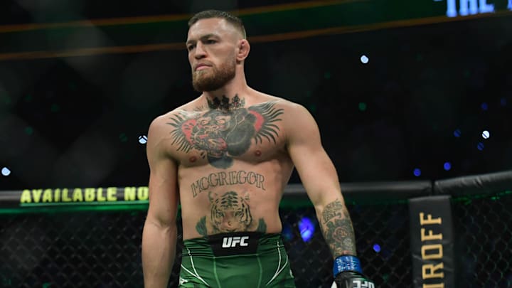 Jul 10, 2021; Las Vegas, Nevada, USA; Conor McGregor before fighting against Dustin Poirier during UFC 264 at T-Mobile Arena. Mandatory Credit: Gary A. Vasquez-Imagn Images