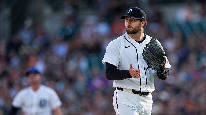 Detroit Tigers pitcher Casey Mize (12) celebrates a double play against Los Angeles Angels during the first inning at Comerica Park in Detroit on Wednesday, May 27, 2026. Detroit Tigers pitcher Casey Mize (12) celebrates a double play against Los Angeles Angels during the first inning at Comerica Park in Detroit on Wednesday, May 27, 2026.