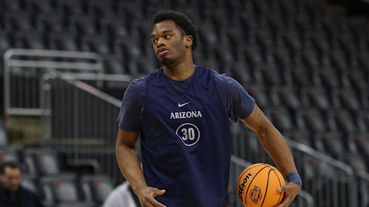 Mar 26, 2025; Newark, NJ, USA; Arizona Wildcats forward Tobe Awaka (30) during a practice session in preparation for an East Regional semifinal game against the Duke Blue Devils at Prudential Center. Mandatory Credit: Vincent Carchietta-Imagn Images