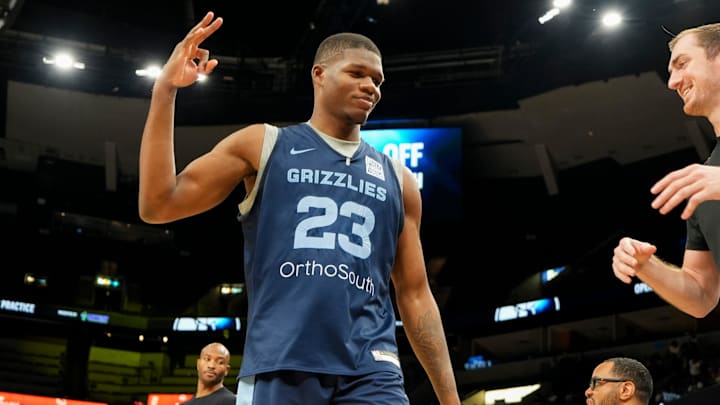 Grizzlies' Cedric Coward (23) walks off the court after open practice at the FedExForum on October 4, 2025, in Memphis, Tenn.
