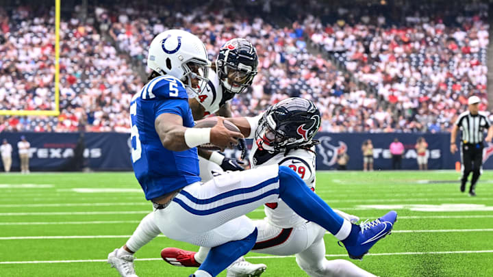 Sep 17, 2023; Houston, Texas, USA; Indianapolis Colts quarterback Anthony Richardson (5) runs the