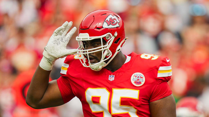 Sep 14, 2025; Kansas City, Missouri, USA; Kansas City Chiefs defensive tackle Chris Jones (95) reacts during the first half against the Philadelphia Eagles at GEHA Field at Arrowhead Stadium. Mandatory Credit: Jay Biggerstaff-Imagn Images Sep 14, 2025; Kansas City, Missouri, USA; Kansas City Chiefs defensive tackle Chris Jones (95) reacts during the first half against the Philadelphia Eagles at GEHA Field at Arrowhead Stadium. Mandatory Credit: Jay Biggerstaff-Imagn Images