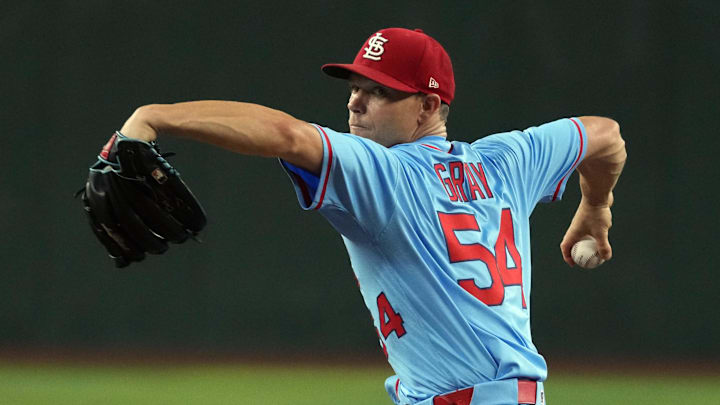 Jul 19, 2025; Phoenix, Arizona, USA; St. Louis Cardinals pitcher Sonny Gray (54) throws against the Arizona Diamondbacks in the first inning at Chase Field. Mandatory Credit: Rick Scuteri-Imagn Images