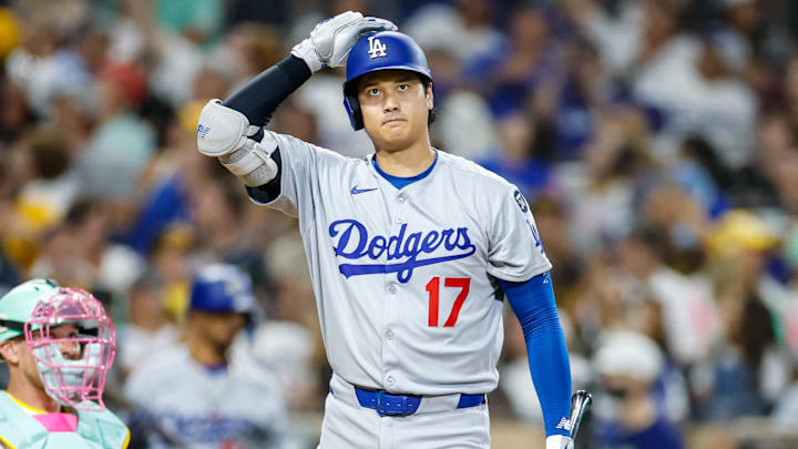 Aug 22, 2025; San Diego, California, USA; Los Angeles Dodgers designated hitter Shohei Ohtani (17) reacts after fouling off a ball during the sixth inning against the San Diego Padres at Petco Park. Mandatory Credit: David Frerker-Imagn Images