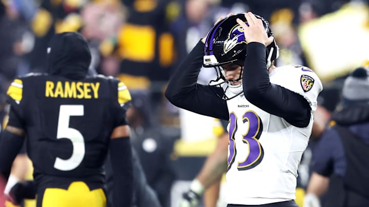 Jan 4, 2026; Pittsburgh, Pennsylvania, USA; Baltimore Ravens place kicker Tyler Loop (33) reacts after missing the game winning field goal against the Pittsburgh Steelers during the second half at Acrisure Stadium. Mandatory Credit: Charles LeClaire-Imagn Images Jan 4, 2026; Pittsburgh, Pennsylvania, USA; Baltimore Ravens place kicker Tyler Loop (33) reacts after missing the game winning field goal against the Pittsburgh Steelers during the second half at Acrisure Stadium. Mandatory Credit: Charles LeClaire-Imagn Images