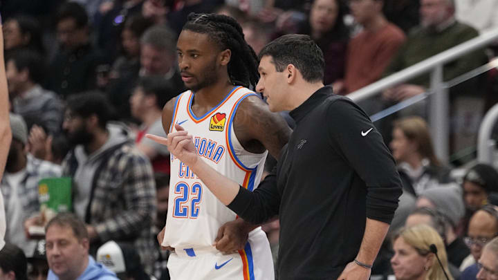 Mar 22, 2024; Toronto, Ontario, CAN; Oklahoma City Thunder head coach Mark Daigneault talks to guard