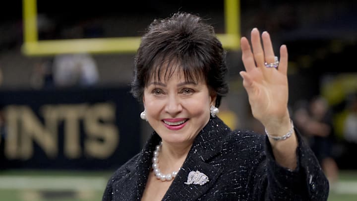 Dec 1, 2024; New Orleans, Louisiana, USA; New Orleans Saints and Pelicans owner Gayle Benson walks the sideline before a game against the Los Angeles Rams at Caesars Superdome. 