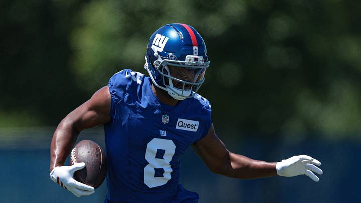 Jun 3, 2026; East Rutherford, NJ, USA;  New York Giants wide receiver JuJu Smith-Schuster (8) participates in drills  during organized team activities at Quest Diagnostics Training Center. Mandatory Credit: Vincent Carchietta-Imagn Images