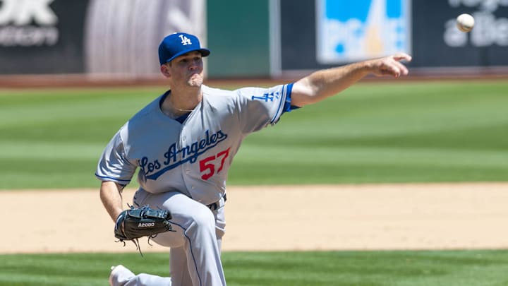 Aug 19, 2015; Oakland, CA, USA; Los Angeles Dodgers starting pitcher Alex Wood (57) throws a pitch