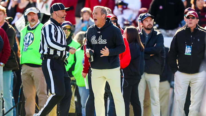 Nov 29, 2025; Columbia, South Carolina, USA; South Carolina Gamecocks head coach Shane Beamer disputes pass interference call against the Clemson Tigers in the second quarter at Williams-Brice Stadium. Mandatory Credit: Jeff Blake-Imagn Images