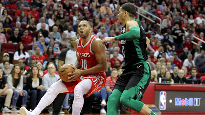 Mar 3, 2018; Houston, TX, USA; Houston Rockets guard Eric Gordon (10) looks to shoot against the Boston Celtics during the fourth quarter at Toyota Center. Mandatory Credit: Erik Williams-Imagn Images