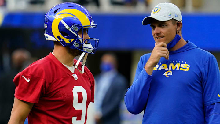 Jun 10, 2021; Los Angeles, CA, USA; Los Angeles Rams quarterback Matthew Stafford (9) talks to offensive coordinator Kevin O'Connell during an offseason workout at SoFi Stadium. Mandatory Credit: Robert Hanashiro-Imagn Images Jun 10, 2021; Los Angeles, CA, USA; Los Angeles Rams quarterback Matthew Stafford (9) talks to offensive coordinator Kevin O'Connell during an offseason workout at SoFi Stadium. Mandatory Credit: Robert Hanashiro-Imagn Images