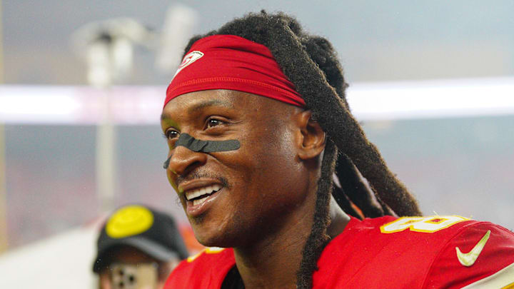 Nov 4, 2024; Kansas City, Missouri, USA; Kansas City Chiefs wide receiver DeAndre Hopkins (8) leaves the field after the win over the Tampa Bay Buccaneers at GEHA Field at Arrowhead Stadium. Mandatory Credit: Denny Medley-Imagn Images Nov 4, 2024; Kansas City, Missouri, USA; Kansas City Chiefs wide receiver DeAndre Hopkins (8) leaves the field after the win over the Tampa Bay Buccaneers at GEHA Field at Arrowhead Stadium. Mandatory Credit: Denny Medley-Imagn Images