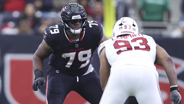 Dec 14, 2025; Houston, Texas, USA; Houston Texans offensive tackle Aireontae Ersery (79) in action during the game against the Arizona Cardinals at NRG Stadium. Mandatory Credit: Troy Taormina-Imagn Images Dec 14, 2025; Houston, Texas, USA; Houston Texans offensive tackle Aireontae Ersery (79) in action during the game against the Arizona Cardinals at NRG Stadium. Mandatory Credit: Troy Taormina-Imagn Images